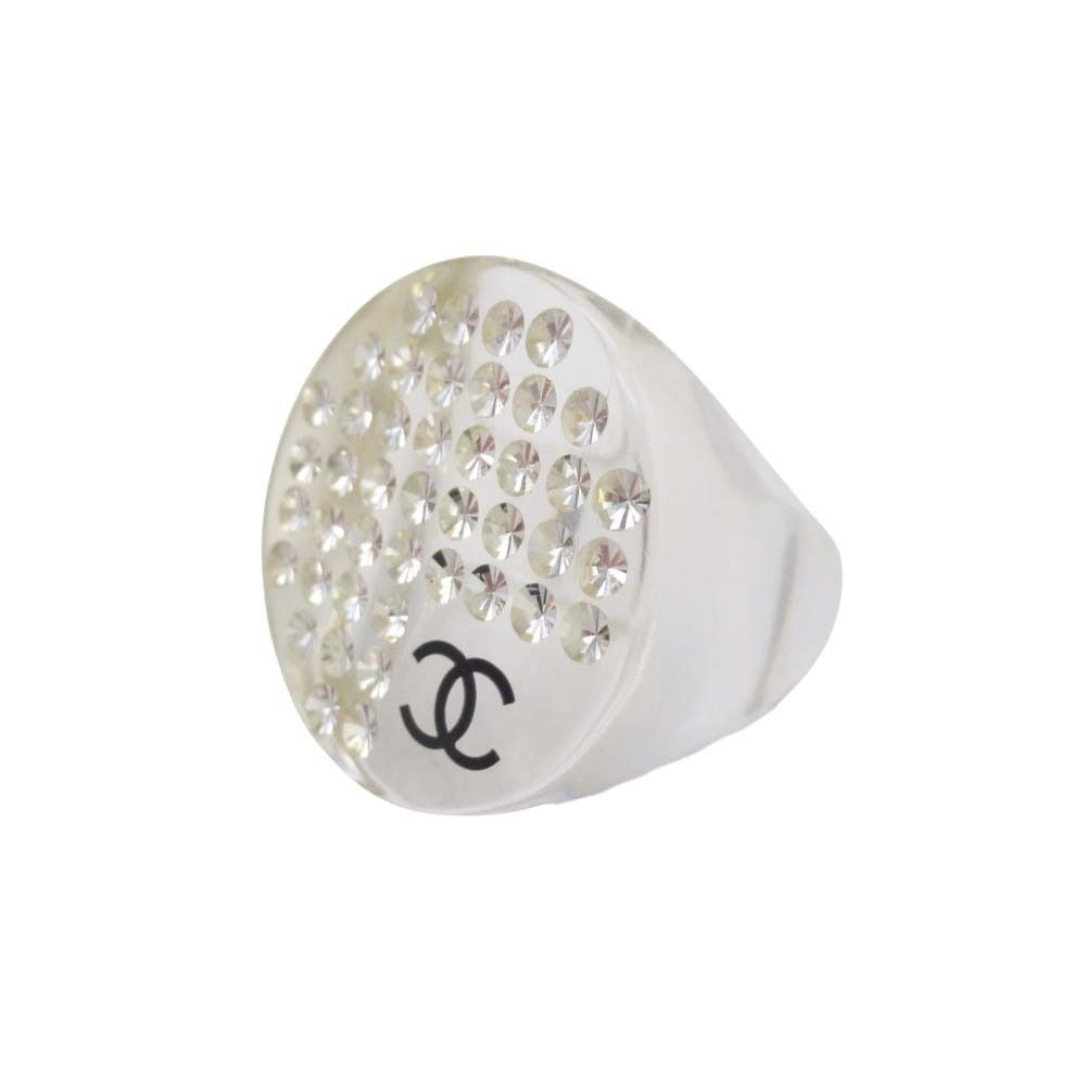 Chanel Vintage Rhinestone CC Logo Clear Round Ring Transparent — view 2