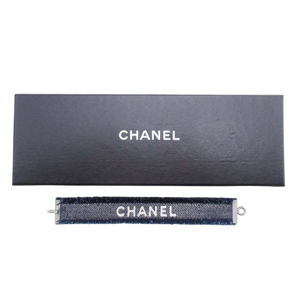 Chanel Vintage Cutoff Denim Bracelet Logo Bangle Indigo Silver — view 4