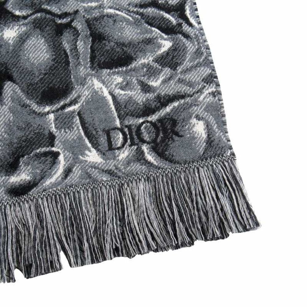 Dior Jardin All Over Pattern Throw Wool Large Shawl Logo Black Gray Scarf — view 2