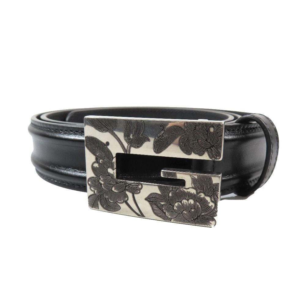 Gucci Square Flower Buckle Belt Leather Memorable Eyelet Black Silver — view 3