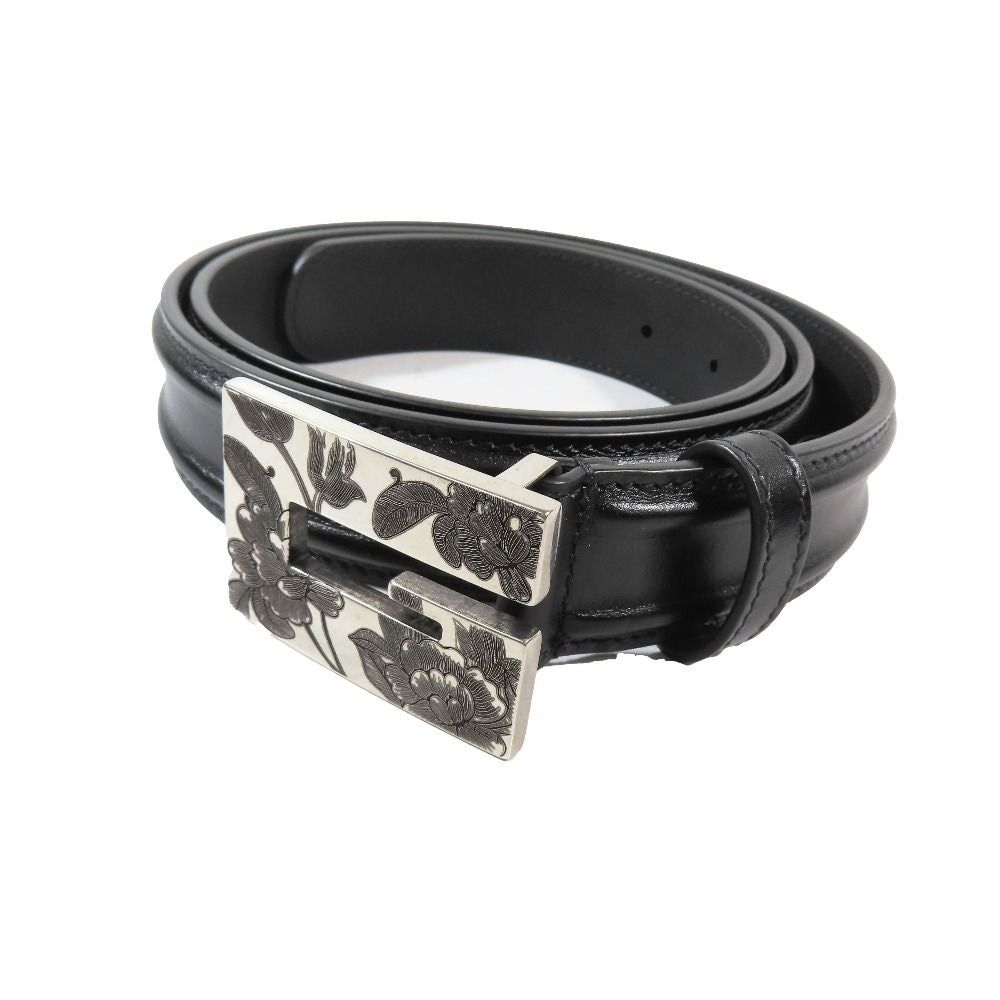 Gucci Square Flower Buckle Belt Leather Memorable Eyelet Black Silver — view 2