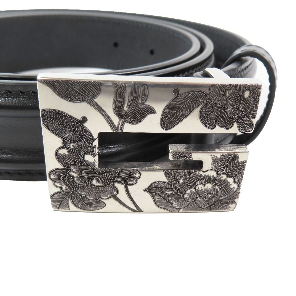 Gucci Square Flower Buckle Belt Leather Memorable Eyelet Black Silver — view 4