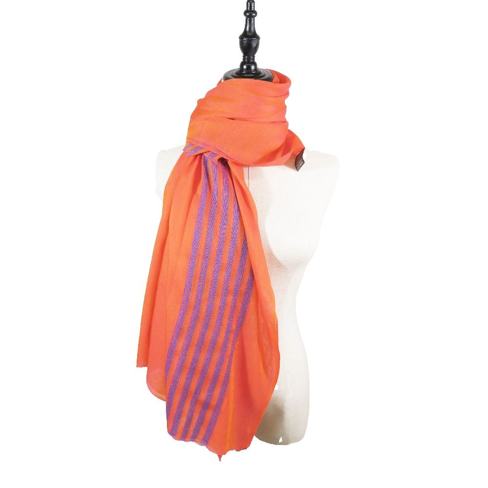 Hermes Cashmere Silk Large Shawl Plume Stitching Scarf Orange Blue — view 9