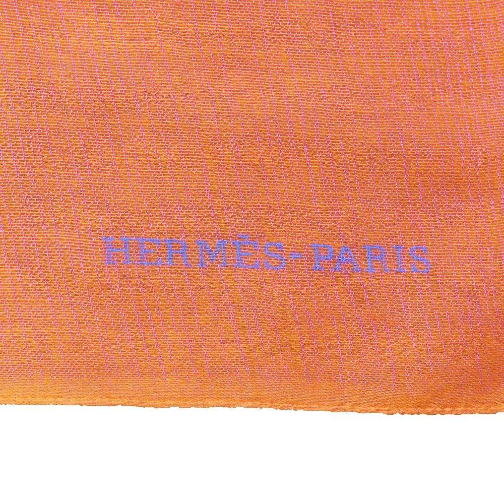 Hermes Cashmere Silk Large Shawl Plume Stitching Scarf Orange Blue — view 3