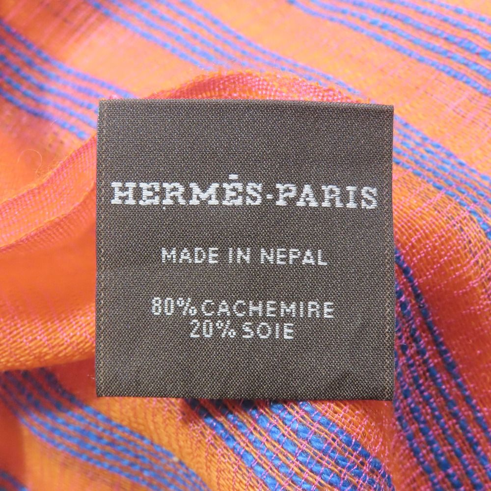 Hermes Cashmere Silk Large Shawl Plume Stitching Scarf Orange Blue — view 5
