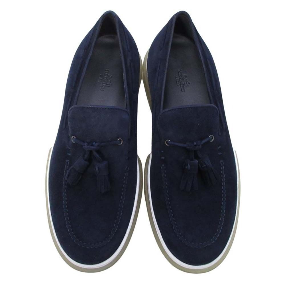 Hermes Suede Tassel Slip on Loafers Sneakers Shoes 40.5 Navy — view 4