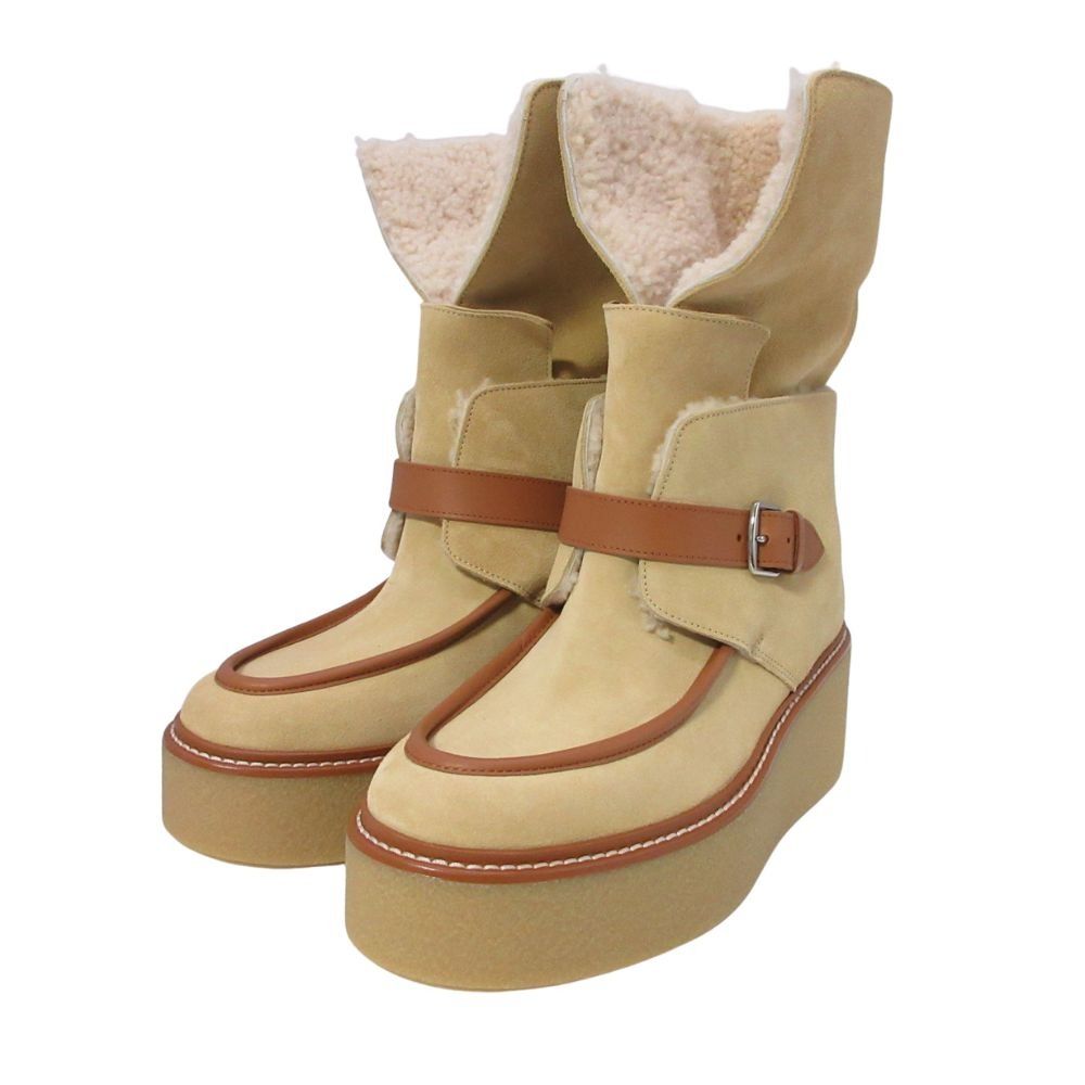Hermes Shearling Boots 2-Way Platform Shoes 38.5 Beige — view 7