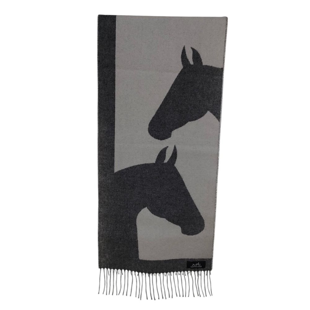 Hermes Cashmere Love Story Horse Pattern Fringe Scarf Gray Off White — view 2