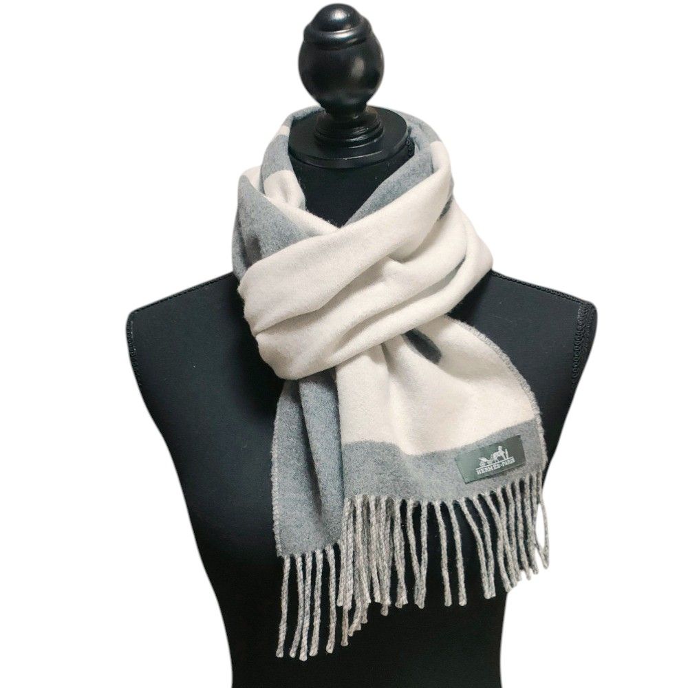 Hermes Cashmere Love Story Horse Pattern Fringe Scarf Gray Off White — view 9