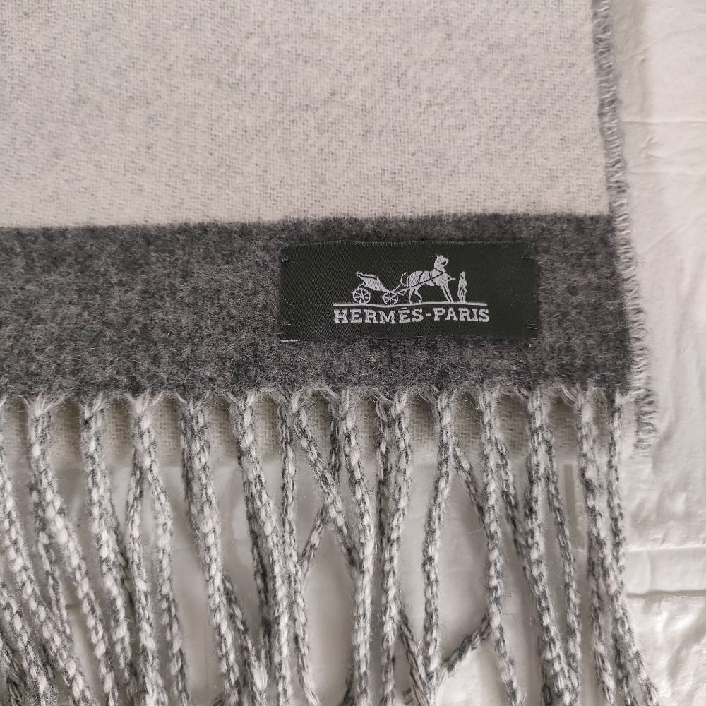 Hermes Cashmere Love Story Horse Pattern Fringe Scarf Gray Off White — view 6