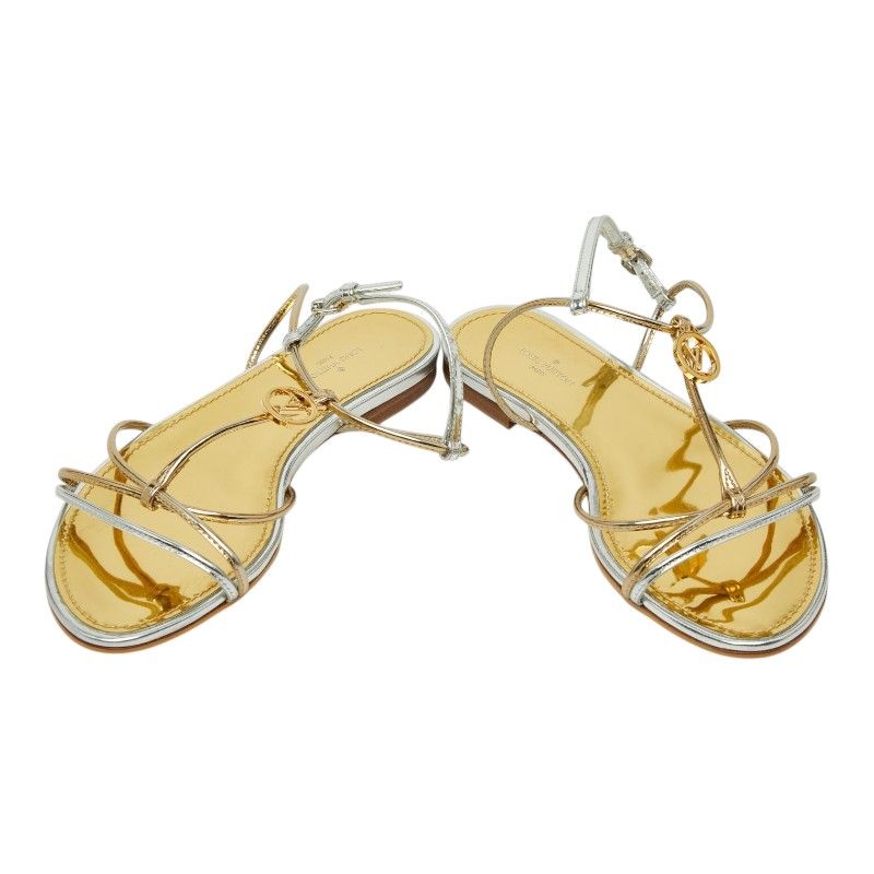 Louis Vuitton Flat Sandals 35 Silver Gold Patent Leather — view 4