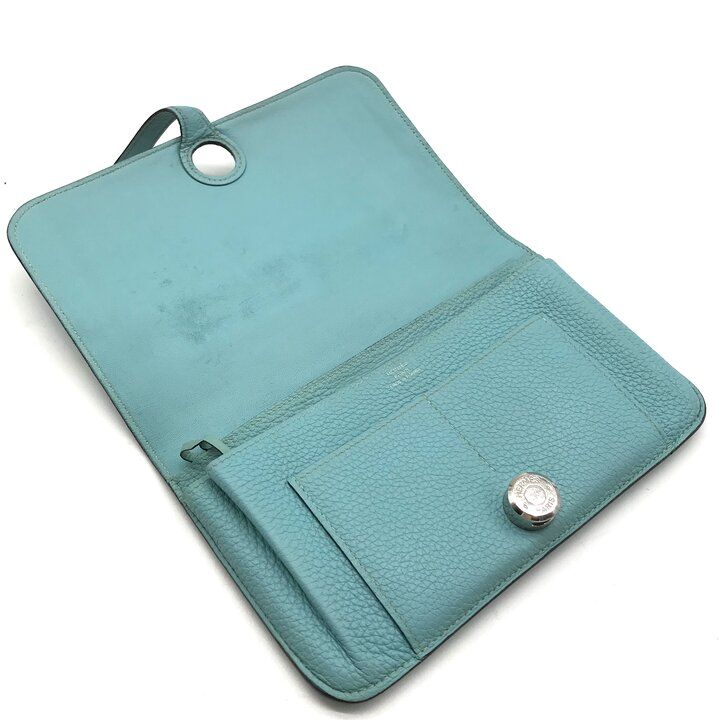 Hermes Dogon GM Duo Wallet Bifold Leather Silver Turquoise Blue — view 6