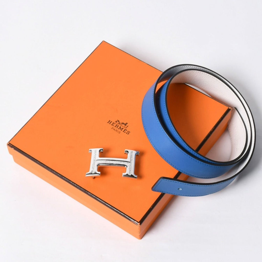 Hermes Belt Buckle H Logo Diamond Reversible Blue White Silver