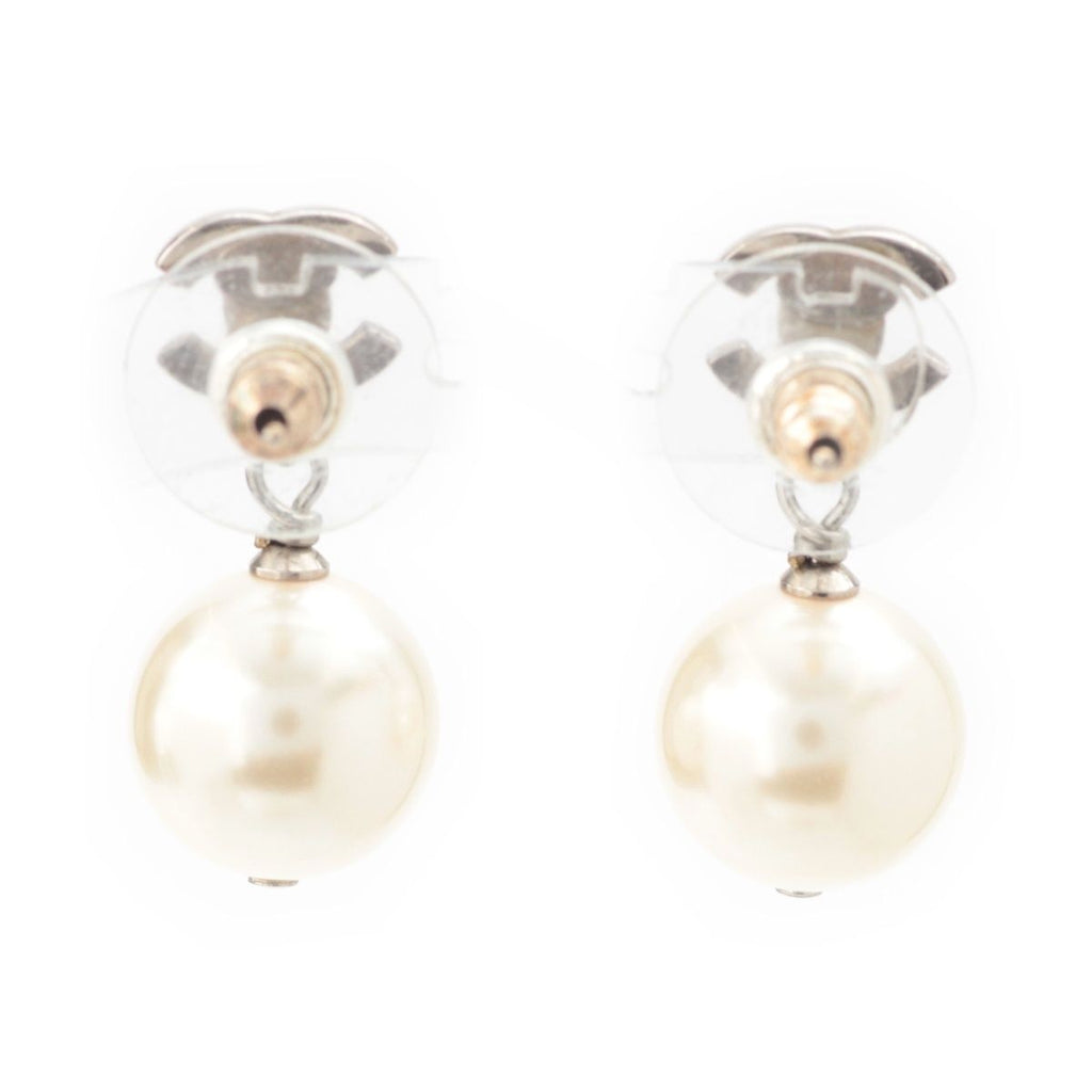 Chanel CC Logo Rhinestone Pearl Earrings Silver — view 2