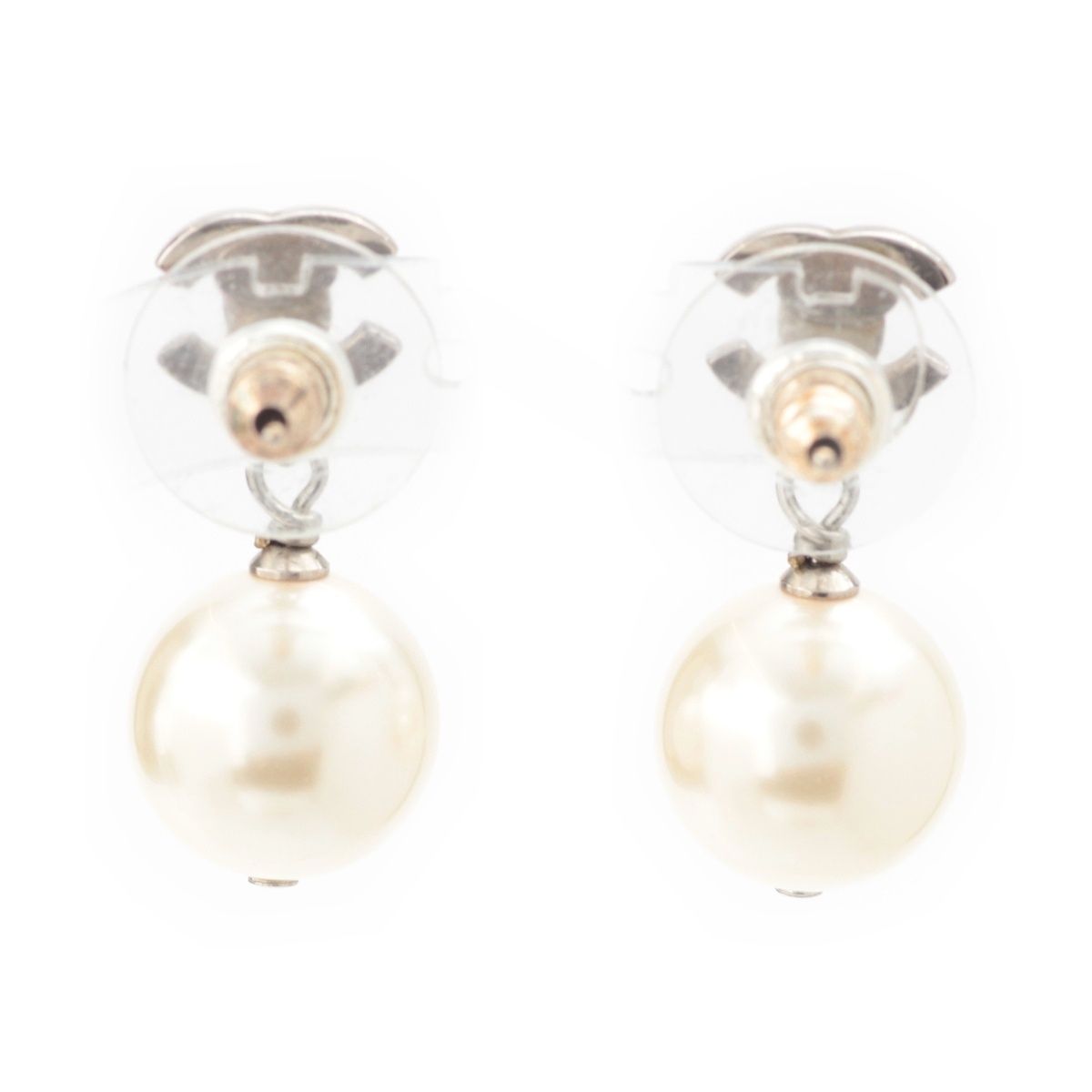 Chanel CC Logo Rhinestone Pearl Earrings Silver — view 2