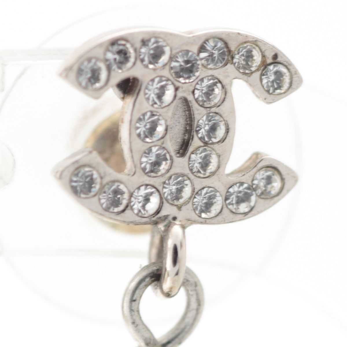 Chanel CC Logo Rhinestone Pearl Earrings Silver — view 4