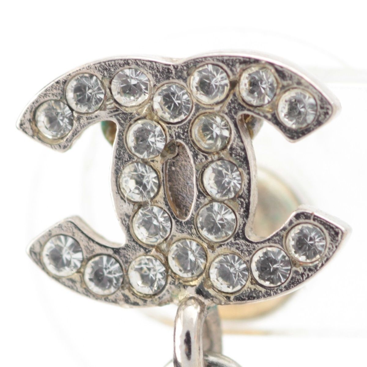 Chanel CC Logo Rhinestone Pearl Earrings Silver — view 3