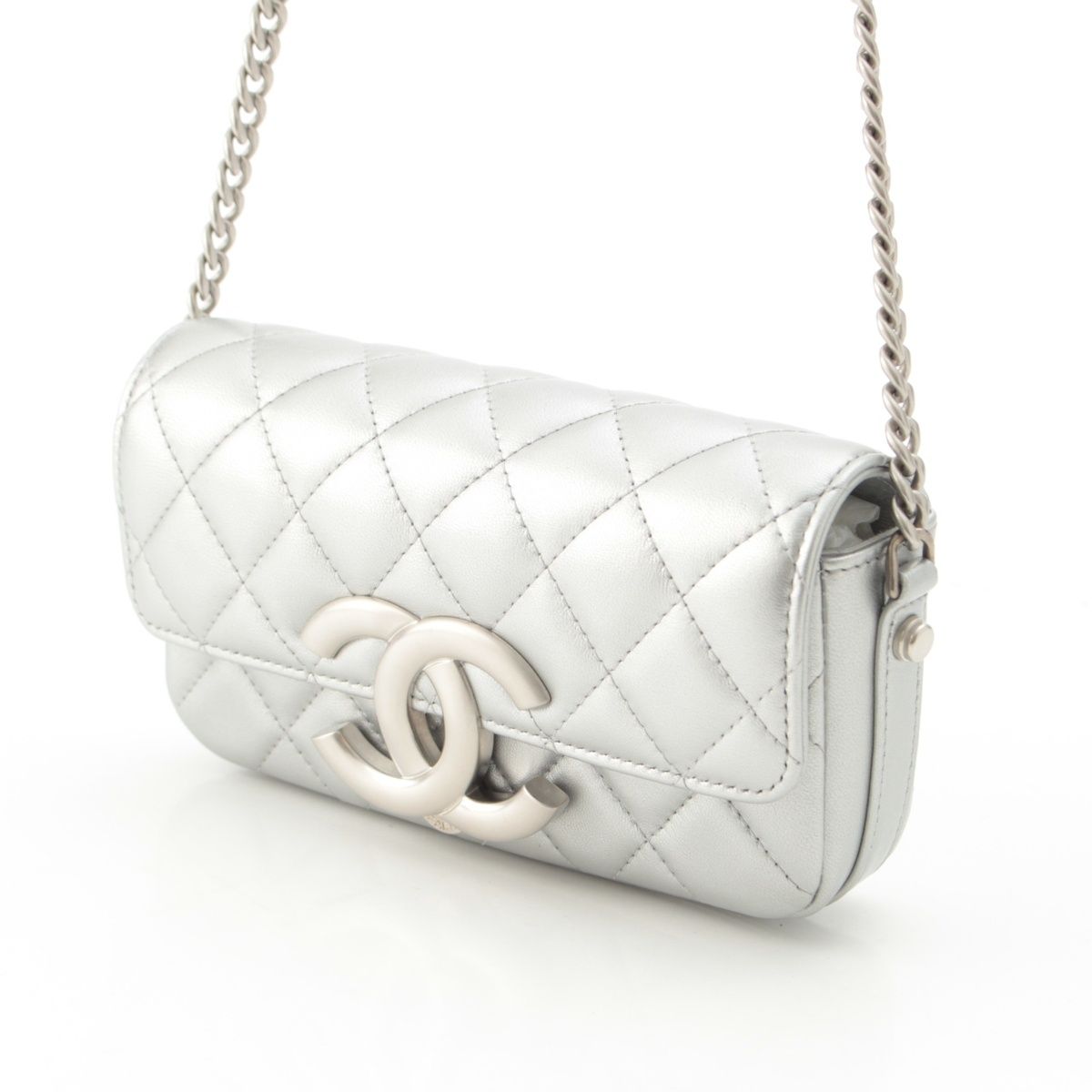 Chanel Leather Quilted Big CC Logo Chain Shoulder Bag Silver — view 2
