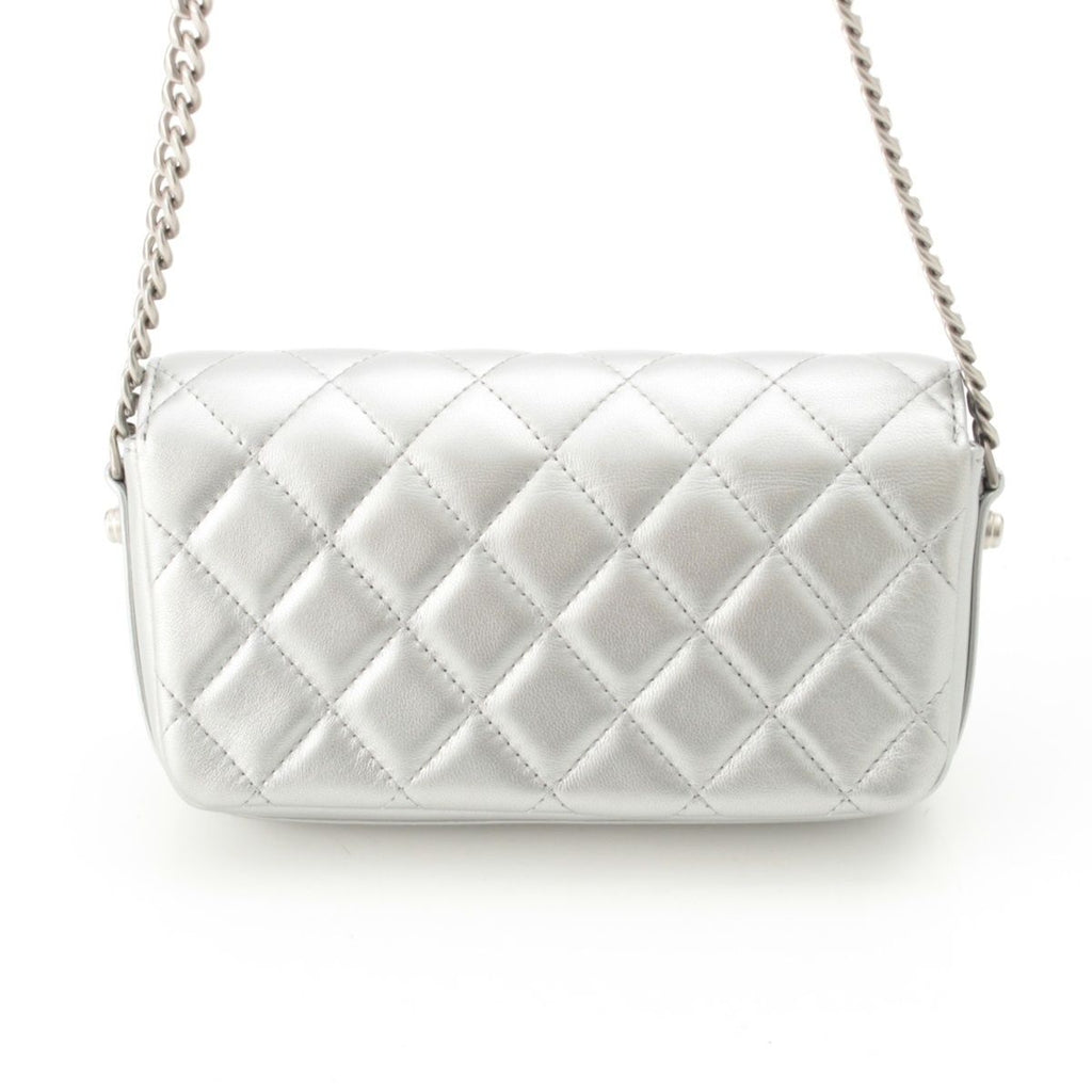Chanel Leather Quilted Big CC Logo Chain Shoulder Bag Silver — view 4