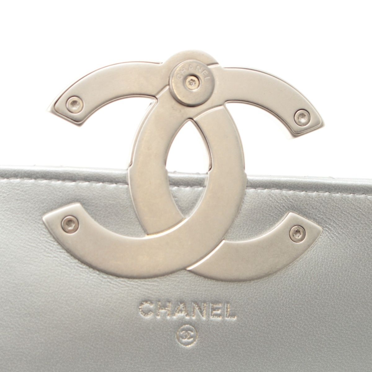 Chanel Leather Quilted Big CC Logo Chain Shoulder Bag Silver — view 7