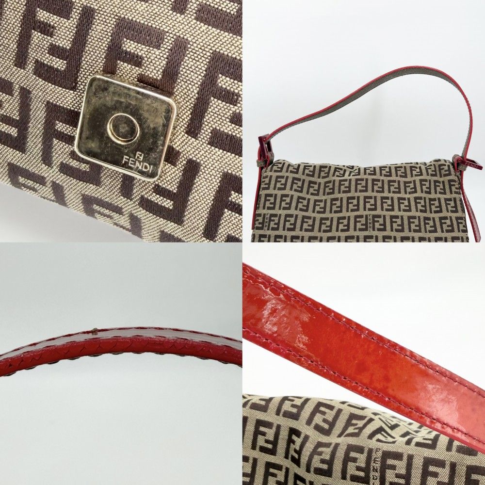 Fendi Shoulder Bag Mamma Bucket Zucchino Pattern Bag Canvas Leather Brown Red — view 7