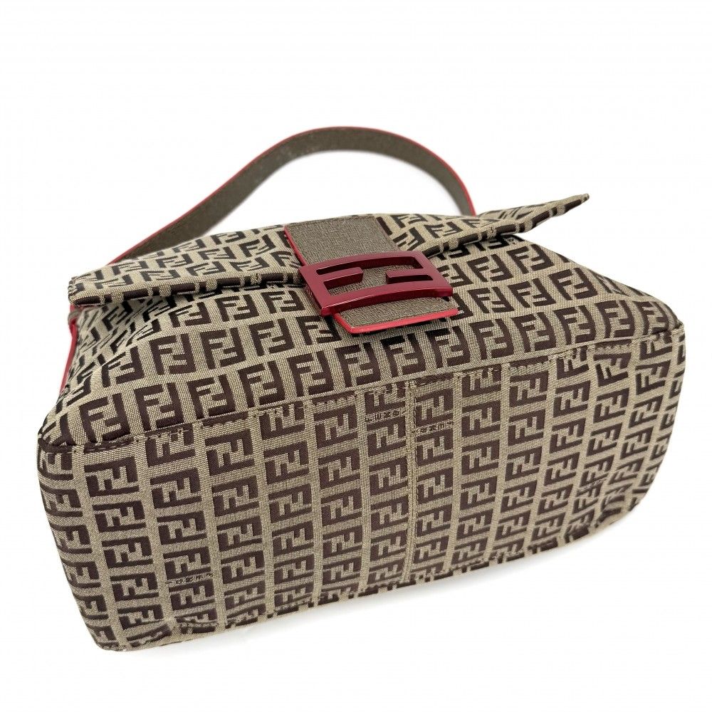 Fendi Shoulder Bag Mamma Bucket Zucchino Pattern Bag Canvas Leather Brown Red — view 3