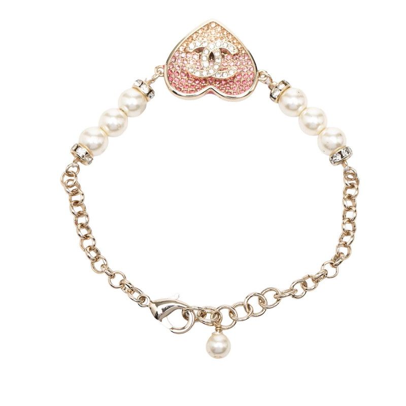 Chanel CC Logo Heart Motif Rhinestone Bracelet Gold Pink Plated Faux Pearl — view 3