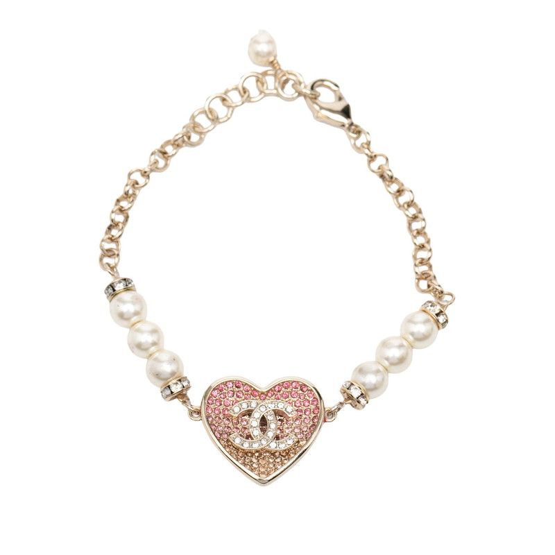 Chanel CC Logo Heart Motif Rhinestone Bracelet Gold Pink Plated Faux Pearl — view 2
