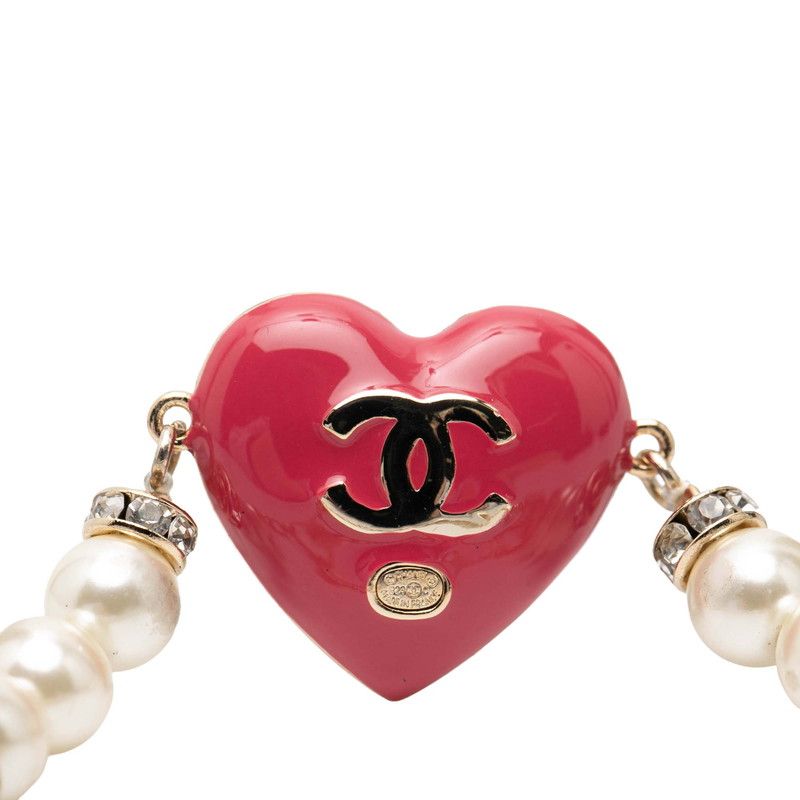 Chanel CC Logo Heart Motif Rhinestone Bracelet Gold Pink Plated Faux Pearl — view 5