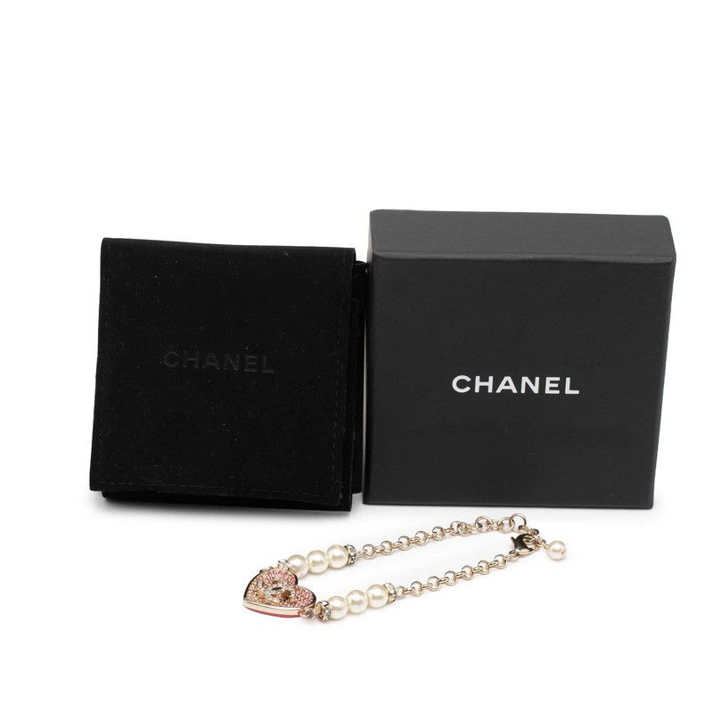 Chanel CC Logo Heart Motif Rhinestone Bracelet Gold Pink Plated Faux Pearl — view 8