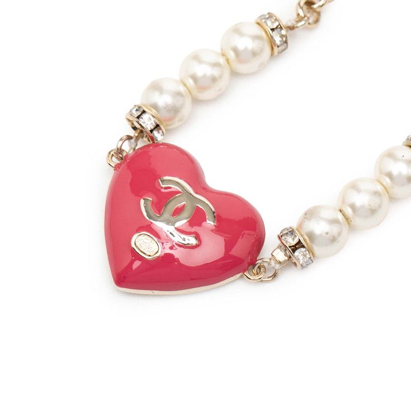 Chanel CC Logo Heart Motif Rhinestone Bracelet Gold Pink Plated Faux Pearl — view 4