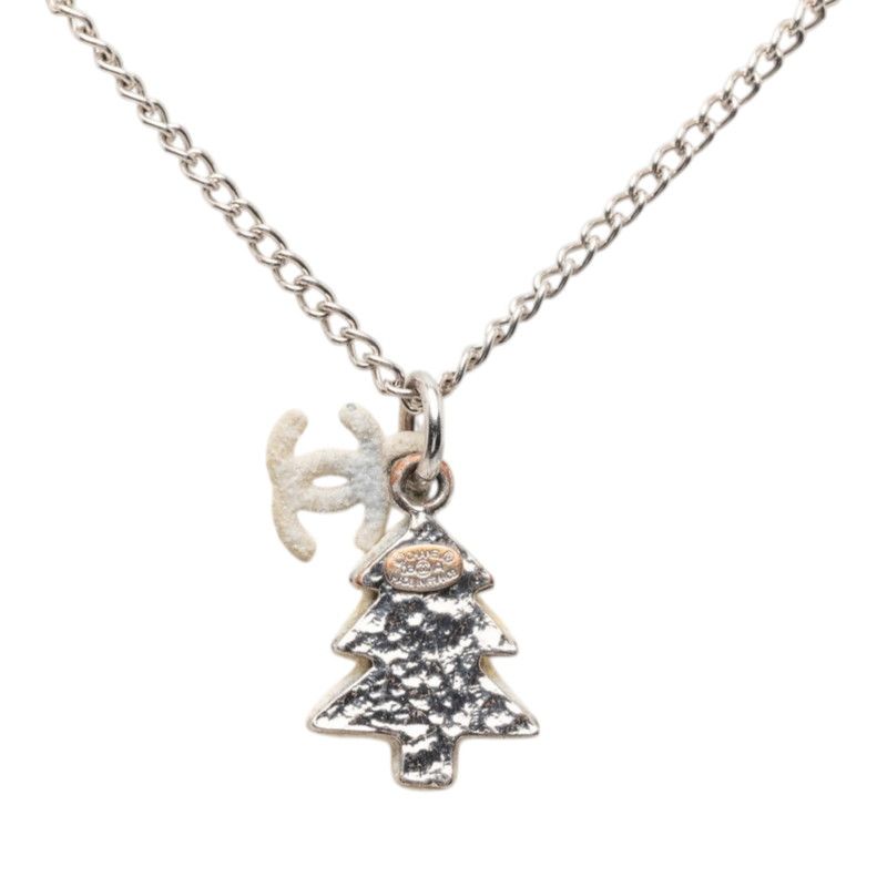 Chanel CC Logo Christmas Tree Motif Necklace Silver White Metal — view 2