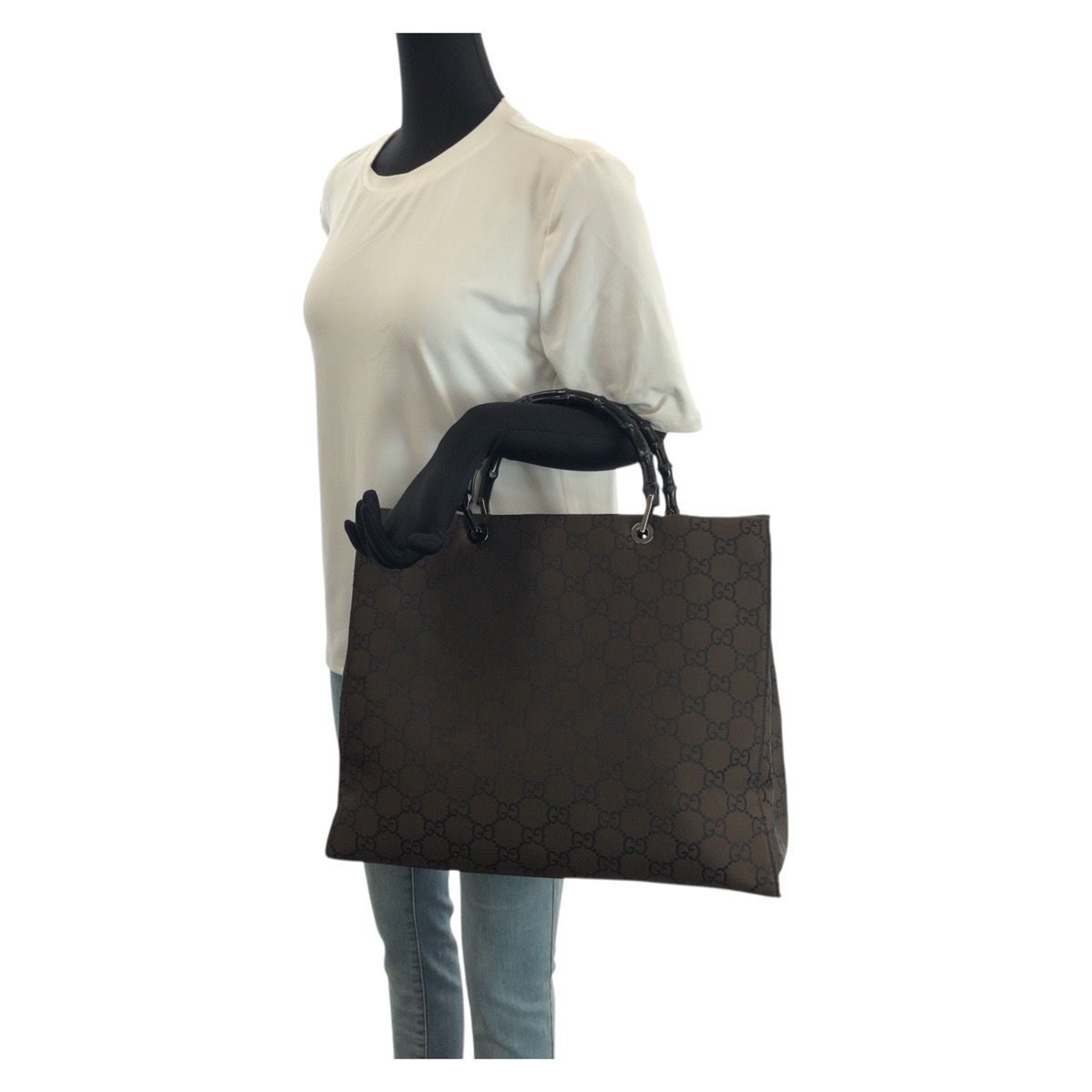 Gucci Bamboo GG Pattern Brown Silver Nylon 002 Tote — view 5