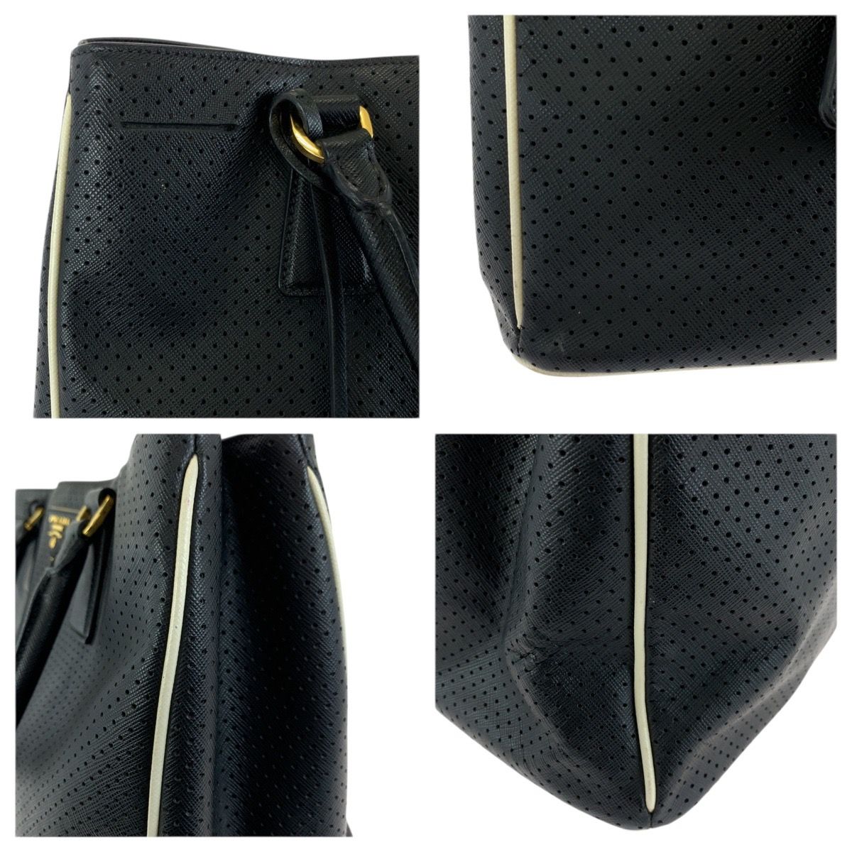Prada Saffiano Perforated Black Gold Leather Tote — view 5