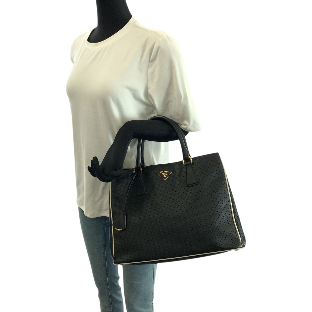 Prada Saffiano Perforated Black Gold Leather Tote — view 7