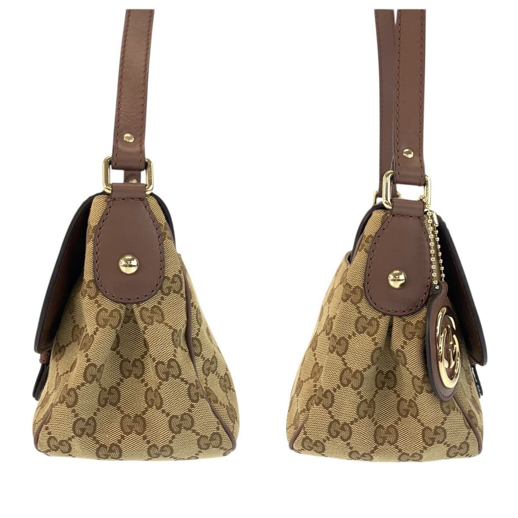 Gucci Ski Brown Beige Gold GG Canvas Leather Shoulder Bag Pochette — view 8