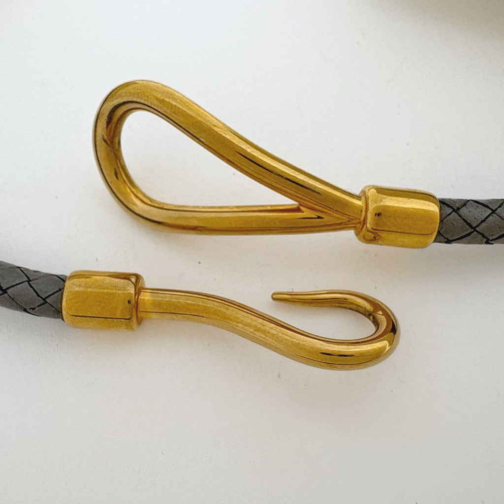 Hermes Jumbo Bracelet Bangles 2 Rows Choker Leather Gray Gold — view 2