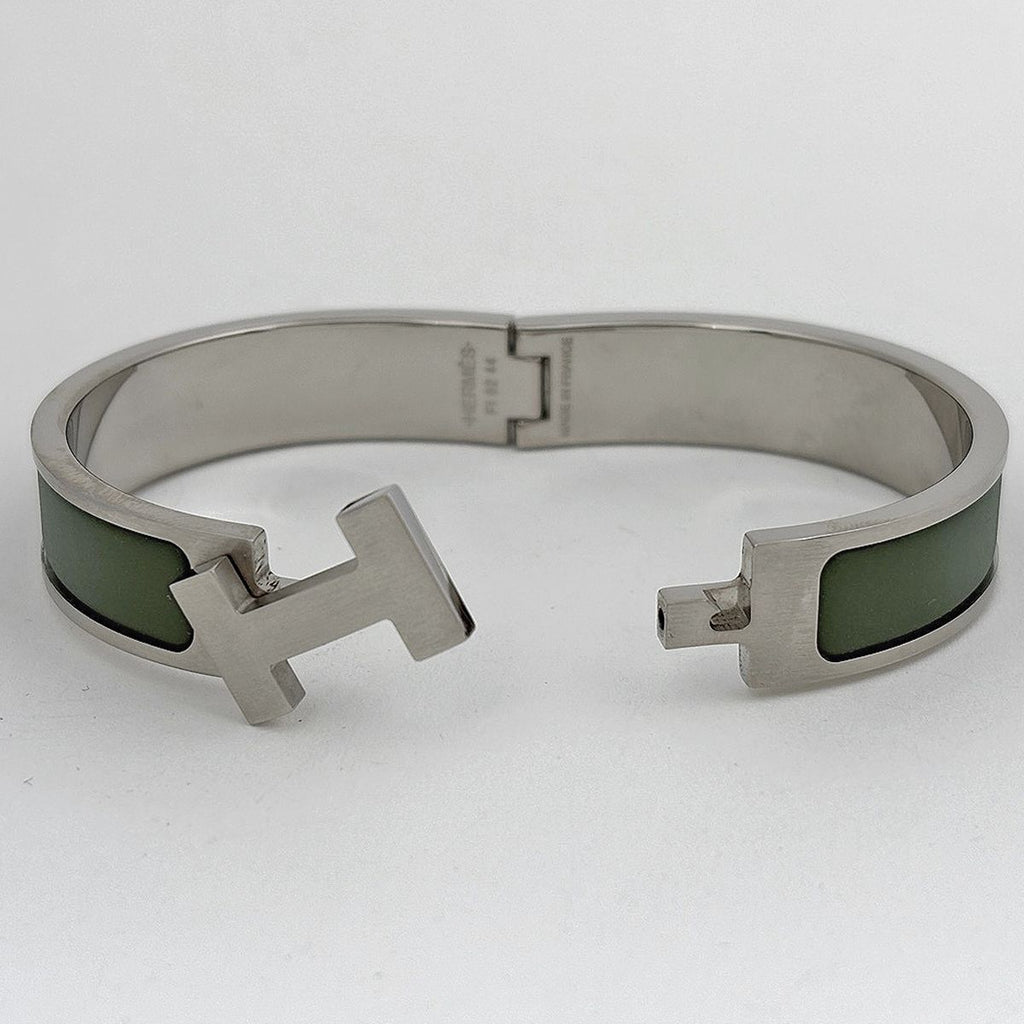 Hermes Click Enamel Bracelet Clic Clac Bangle Silver Plated Green — view 2