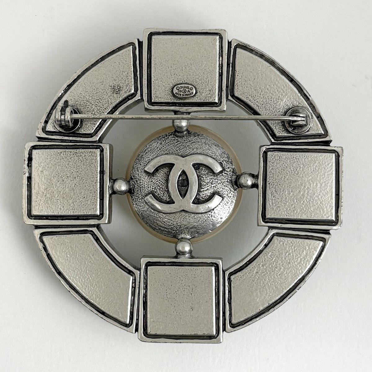 Chanel Faux Pearl Brooch CC Logo Metal Silver Green Black — view 2