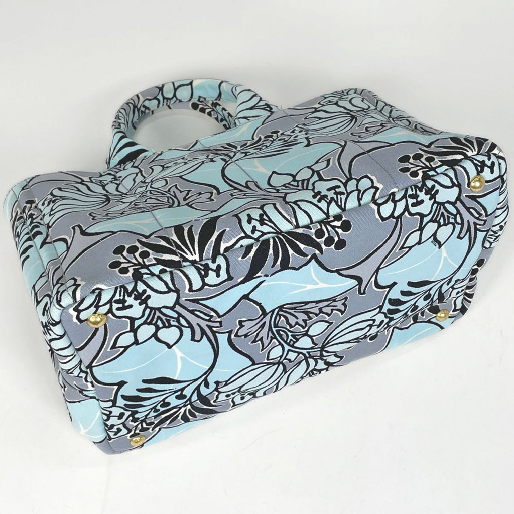 Prada Canapa Tote Floral Pattern Flower 2-Way Shoulder Bag Canvas Light Blue — view 2