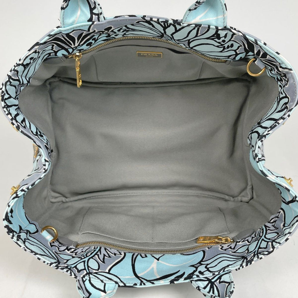 Prada Canapa Tote Floral Pattern Flower 2-Way Shoulder Bag Canvas Light Blue — view 7