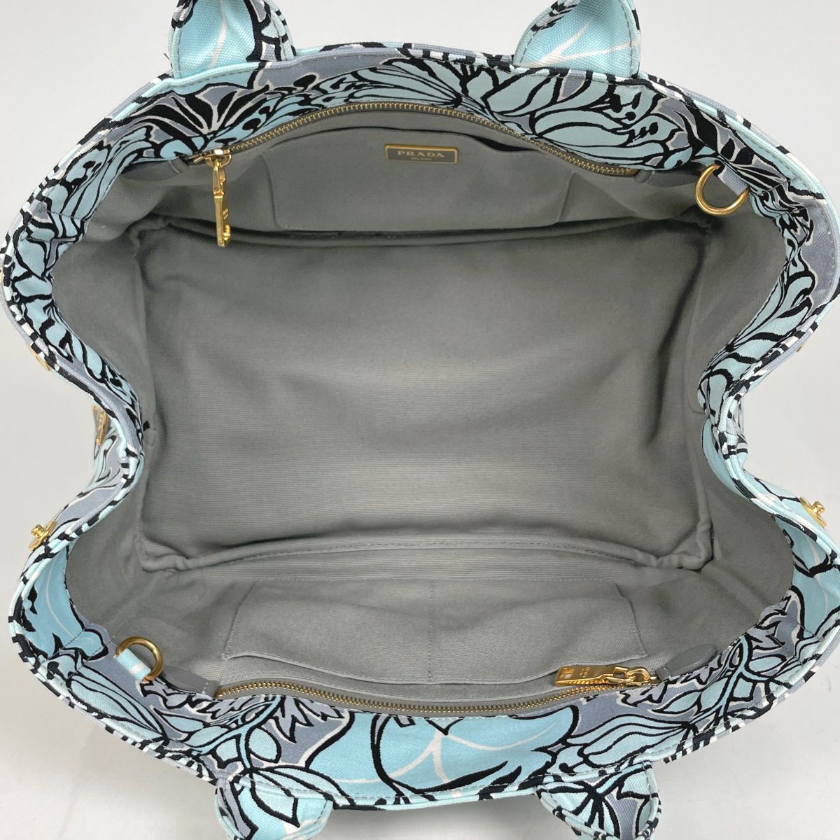 Prada Canapa Tote Floral Pattern Flower 2-Way Shoulder Bag Canvas Light Blue — view 7