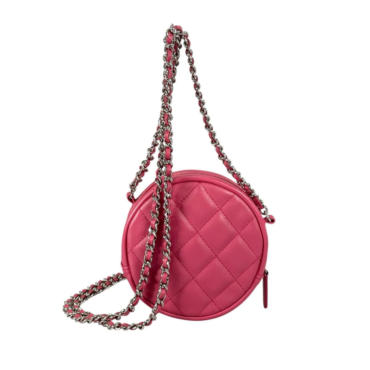 Chanel CC Logo Round Chain Quilted Mini Shoulder Bag Pink — view 3