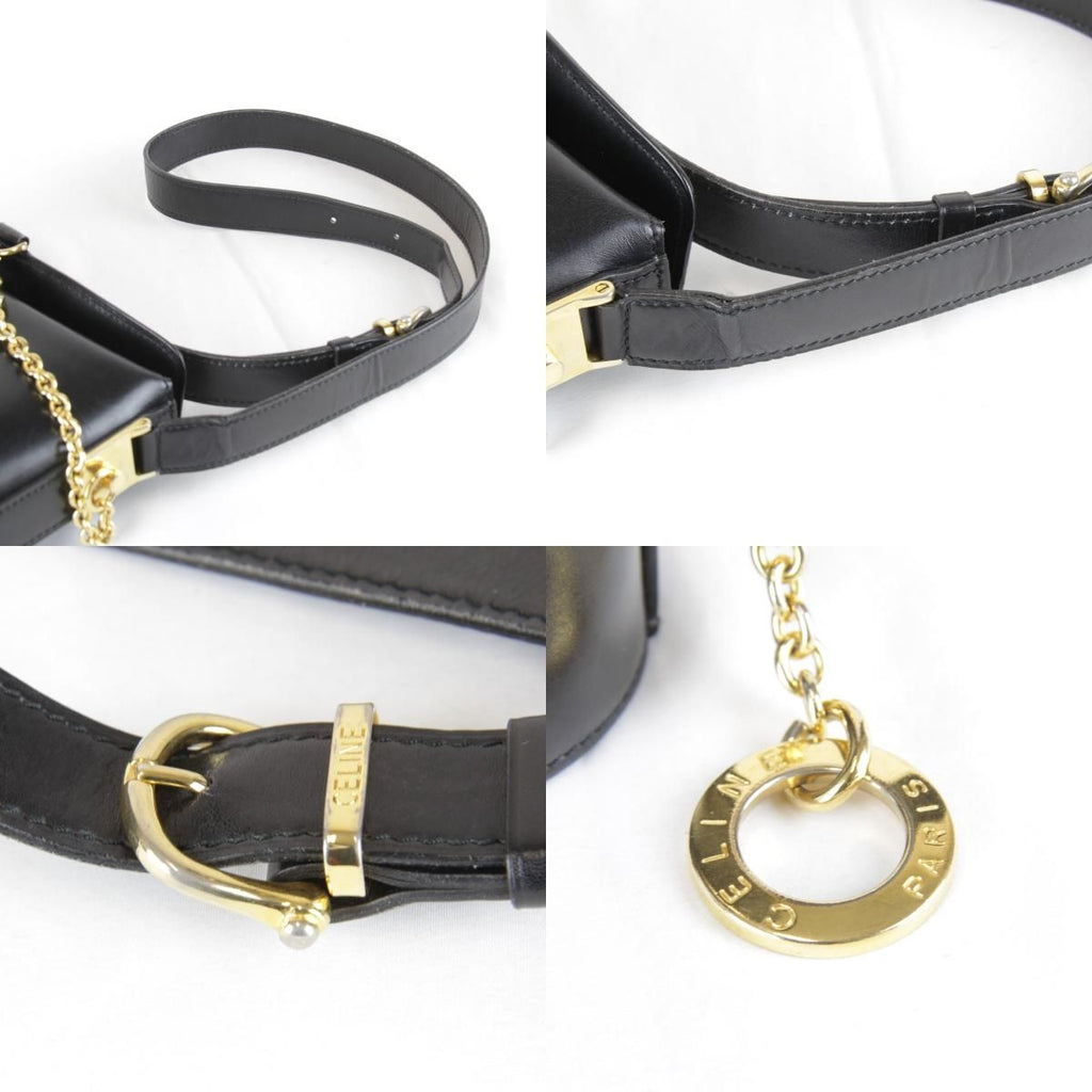 Celine Circle Logo Shoulder Bag Vintage Black Gold Leather High — view 9