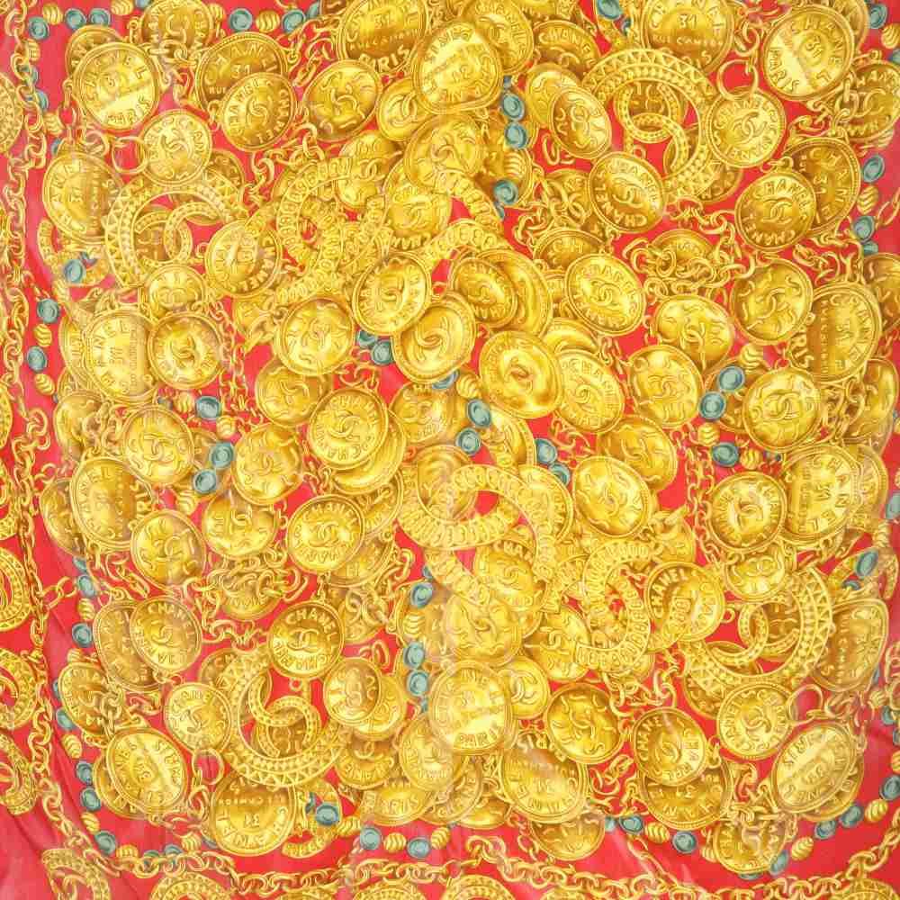 Chanel Vintage Chain Pattern Silk Scarf Red — view 5