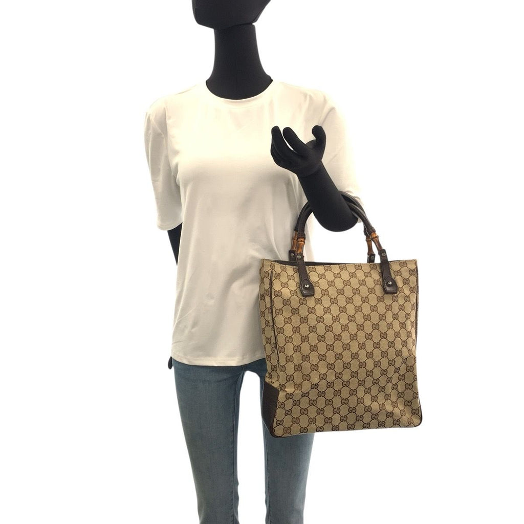 Gucci Bamboo Beige Brown Silver GG Canvas Tote — view 5