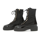Chanel Short Boots CC Logo Lace Up Nylon Patent 36c Shoes Black — view 2
