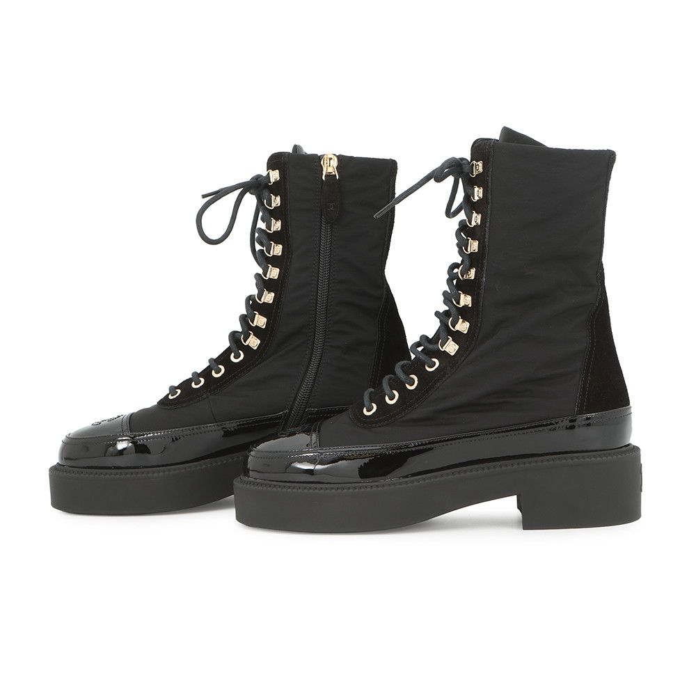 Chanel Short Boots CC Logo Lace Up Nylon Patent 36c Shoes Black — view 2