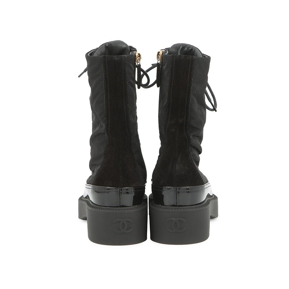 Chanel Short Boots CC Logo Lace Up Nylon Patent 36c Shoes Black — view 3