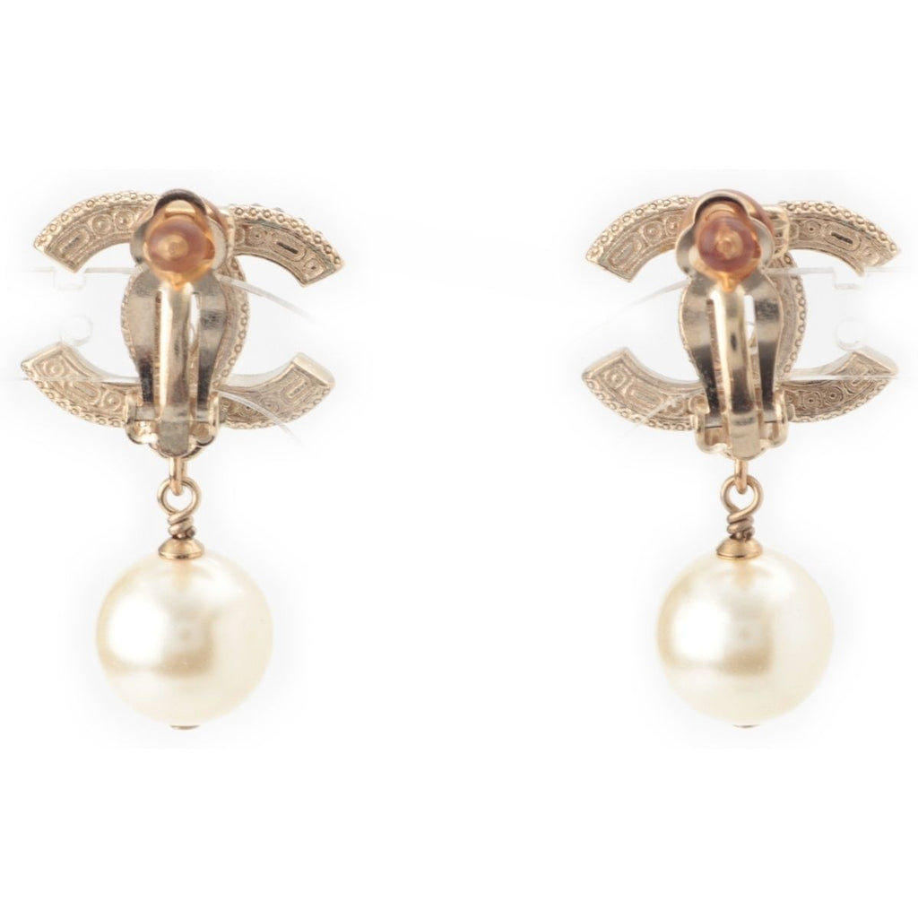 Chanel CC Logo Pearl Rhinestone Earrings Gold Black — view 2